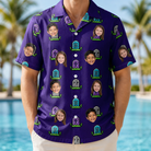 Model wearing Men's Mirth Markers Custom Face Hawaiian Shirt printed with kids' faces