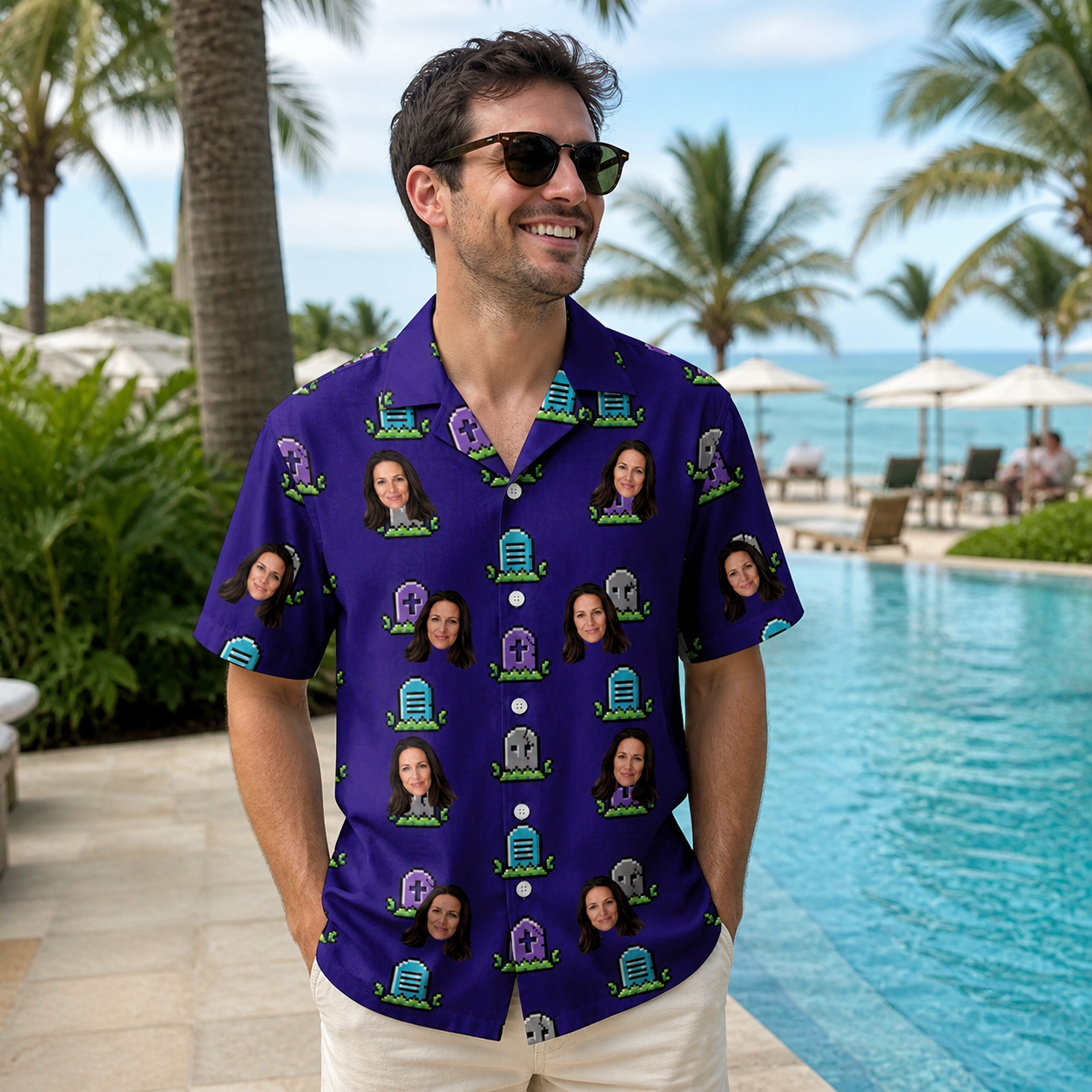 Real-life photo of someone wearing Men's Mirth Markers Custom Face Hawaiian Shirt — custom faces printed all-over