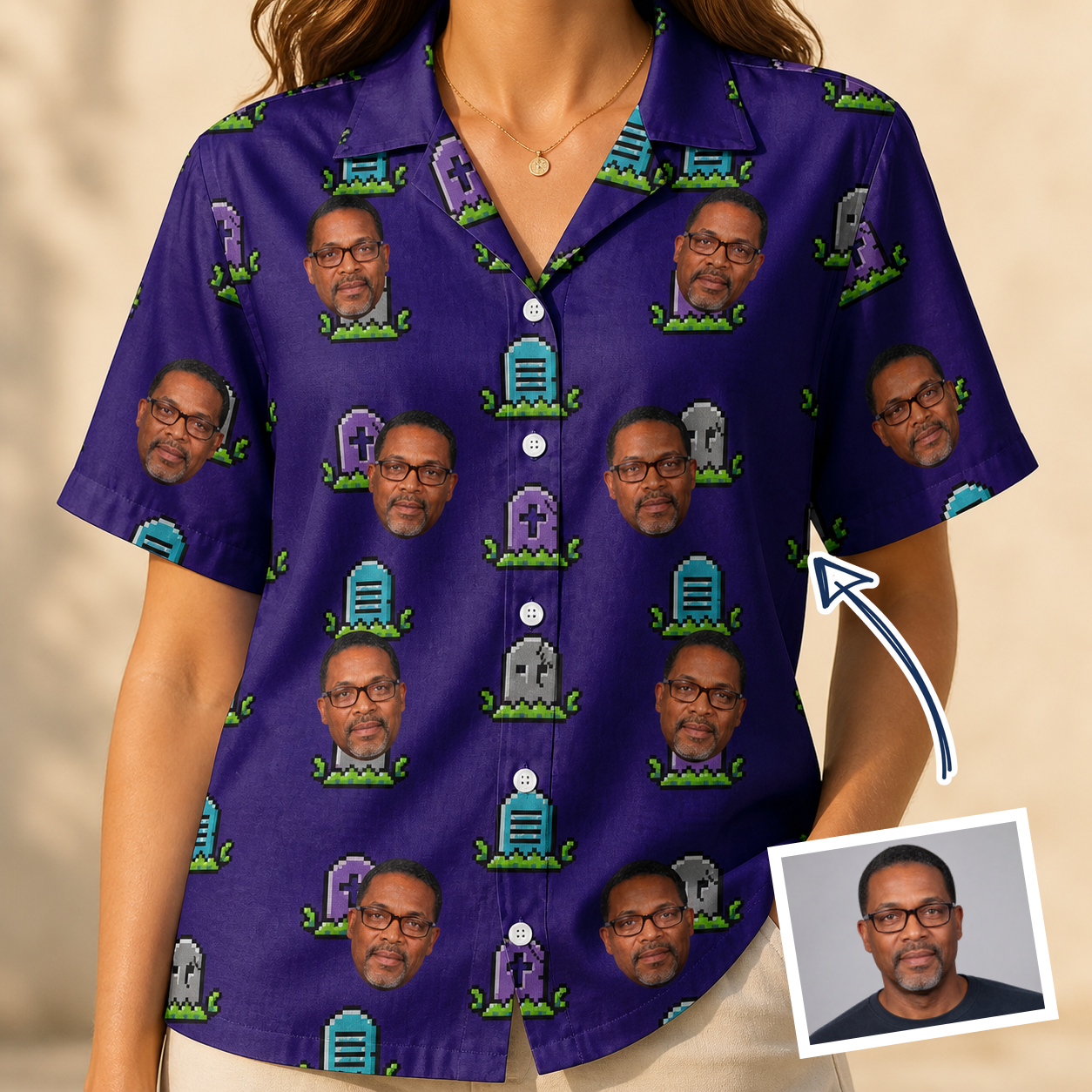 Woman wearing Women's Mirth Markers Custom Face Hawaiian Shirt — custom faces printed all-over