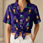 Woman wearing Women's Mirth Markers Custom Face Hawaiian Shirt tied at the waist