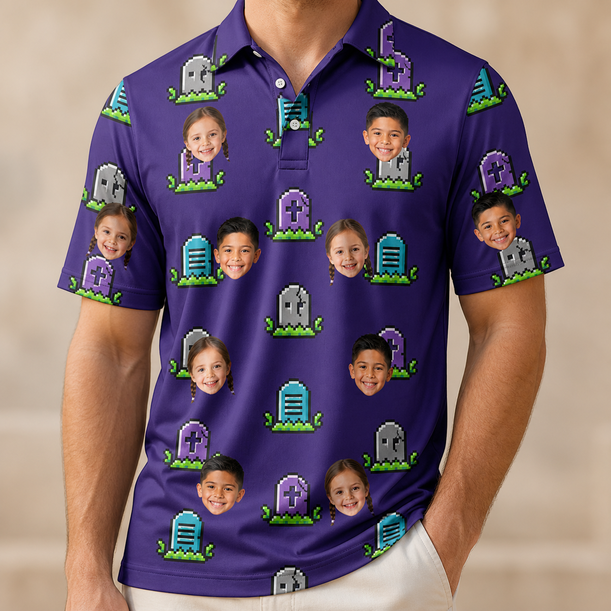 Model wearing Men's Mirth Markers Custom Face Polo Shirt printed with kids' faces