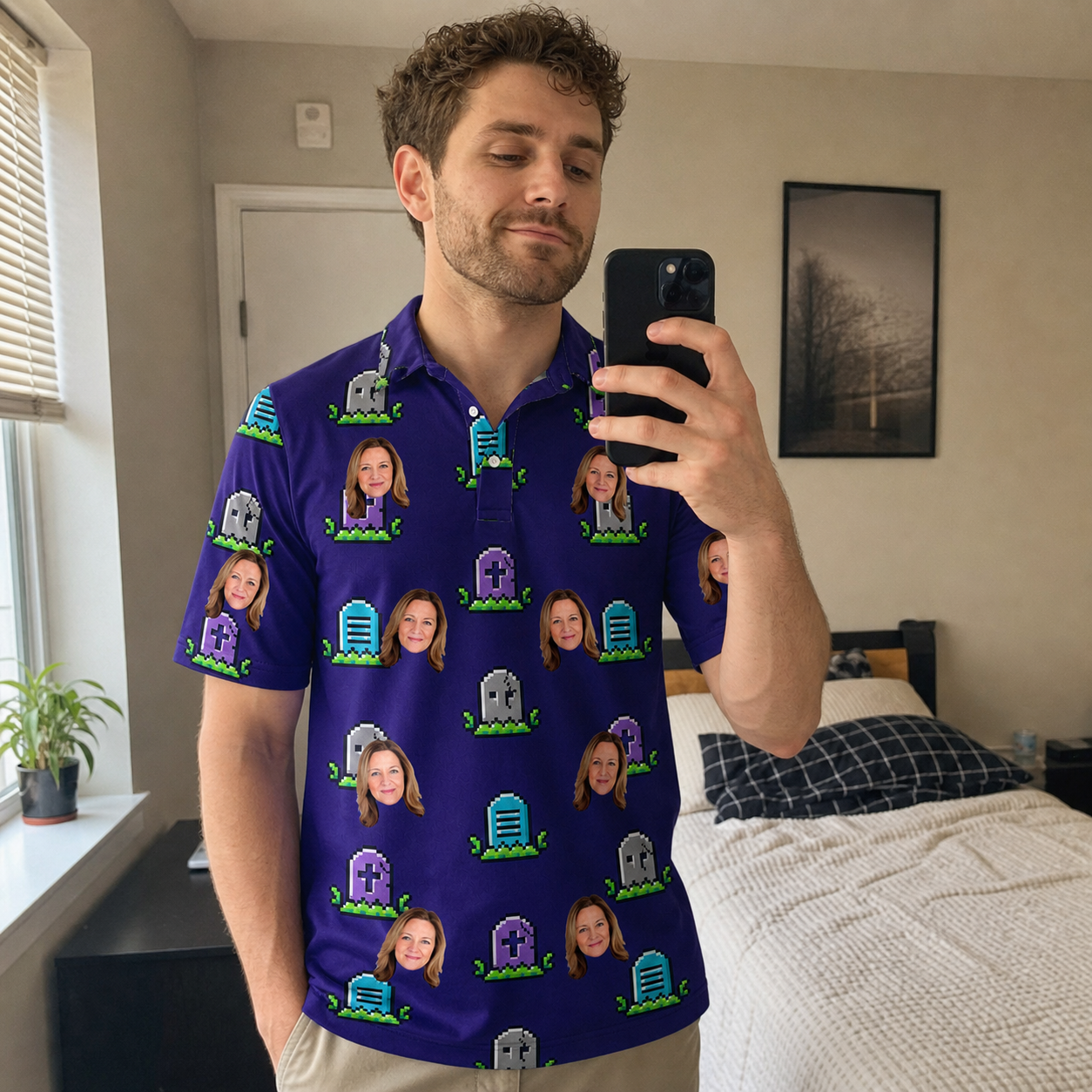 Real-life photo of someone wearing Men's Mirth Markers Custom Face Polo Shirt — custom faces printed all-over
