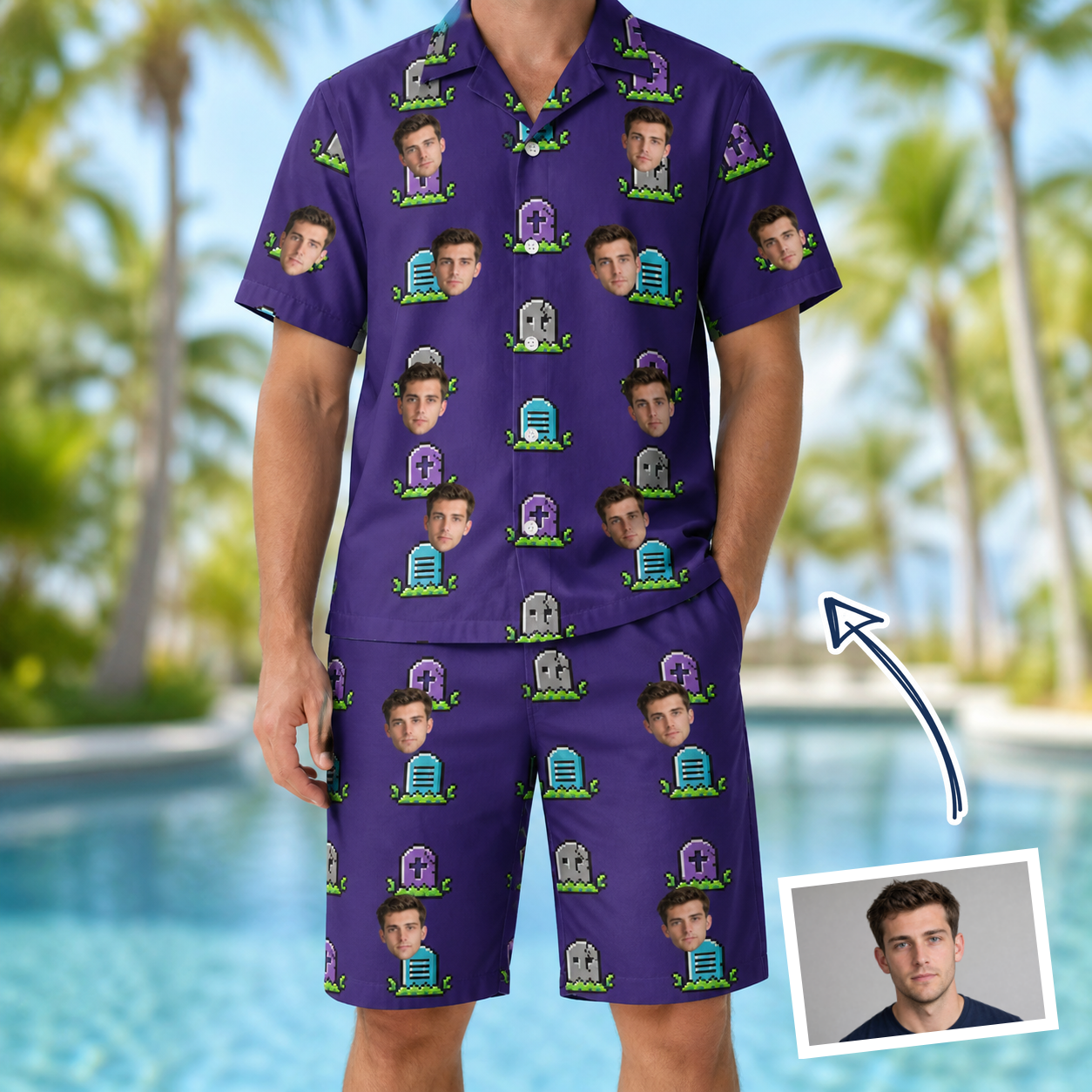 Man wearing Men's Mirth Markers Custom Face Shirt & Shorts Set — custom faces printed all-over