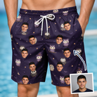 Man wearing Men's Feathered Frights Custom Face Beach Shorts — custom faces printed all-over