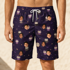 Model wearing Men's Feathered Frights Custom Face Beach Shorts printed with kids' faces