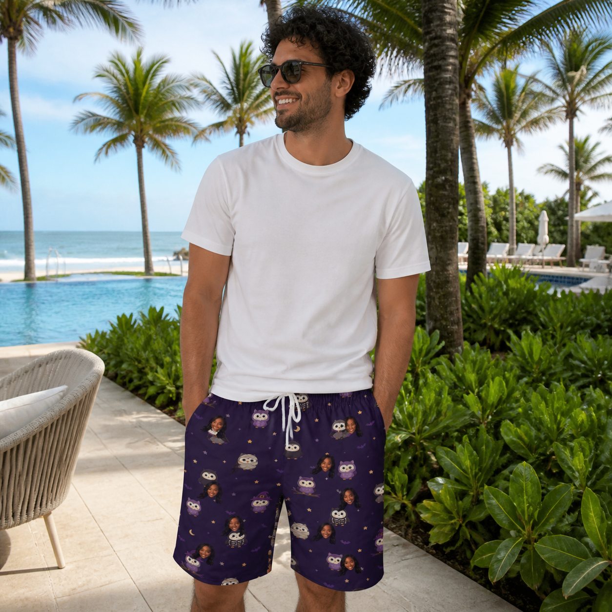 Real-life photo of someone wearing Men's Feathered Frights Custom Face Beach Shorts — custom faces printed all-over