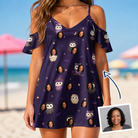 Woman wearing Women's Feathered Frights Custom Face Off-Shoulder Dress — custom faces printed all-over