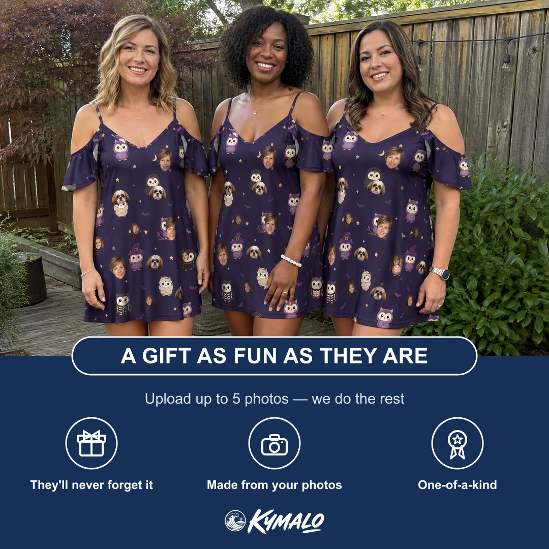 Friends in matching Women's Feathered Frights Custom Face Off-Shoulder Dress — a group gift photo