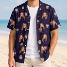 Man wearing Men's Feathered Frights Custom Face Hawaiian Shirt open over a white tee