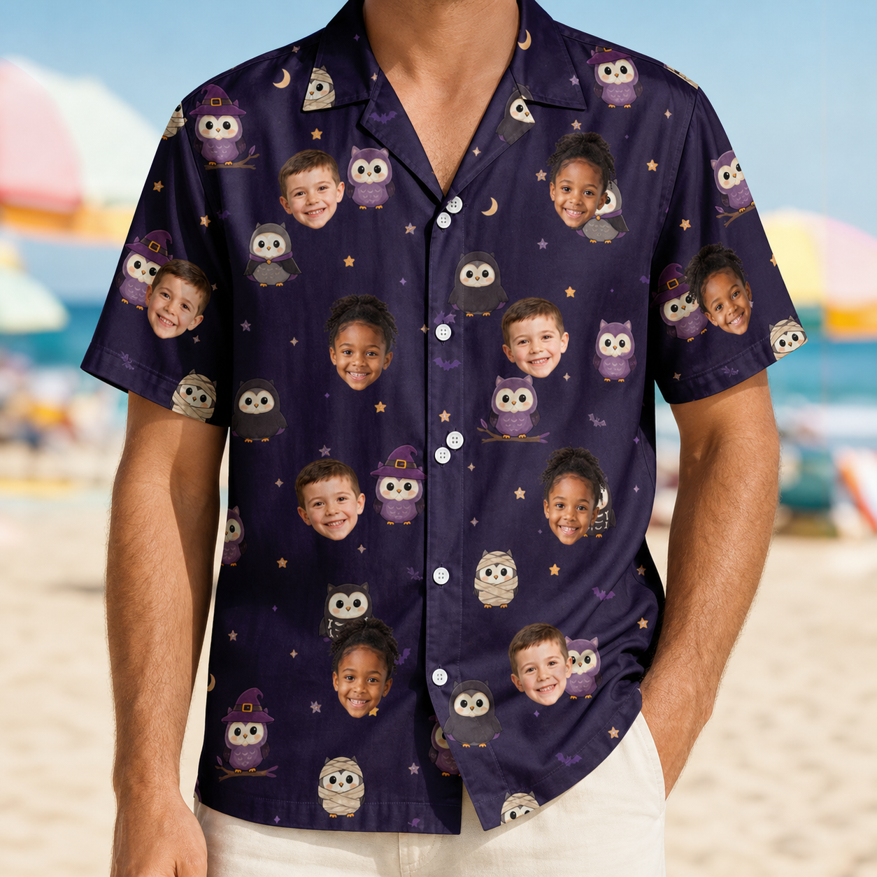 Model wearing Men's Feathered Frights Custom Face Hawaiian Shirt printed with kids' faces