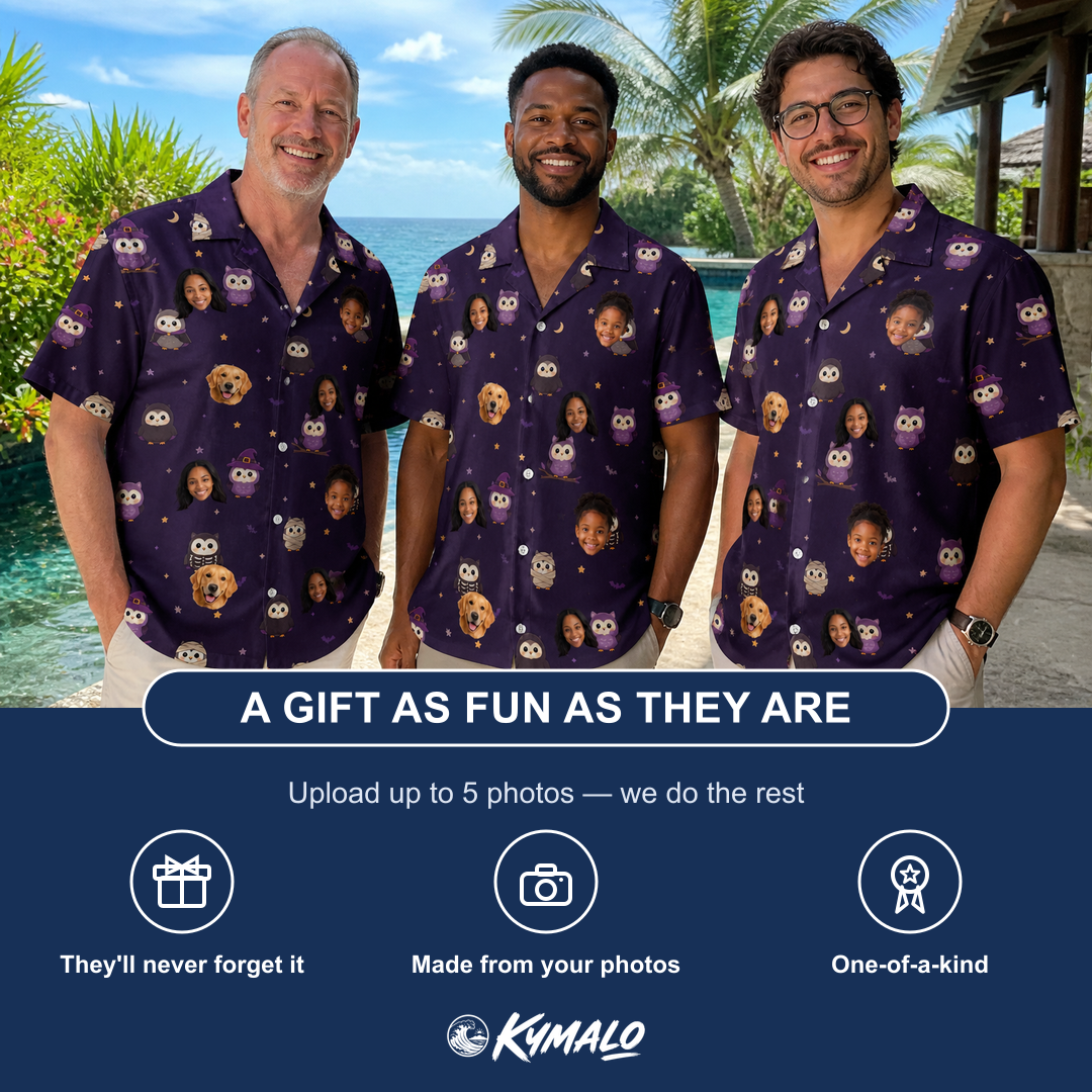 Friends in matching Men's Feathered Frights Custom Face Hawaiian Shirt — a group gift photo