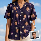 Woman wearing Women's Feathered Frights Custom Face Hawaiian Shirt — custom faces printed all-over
