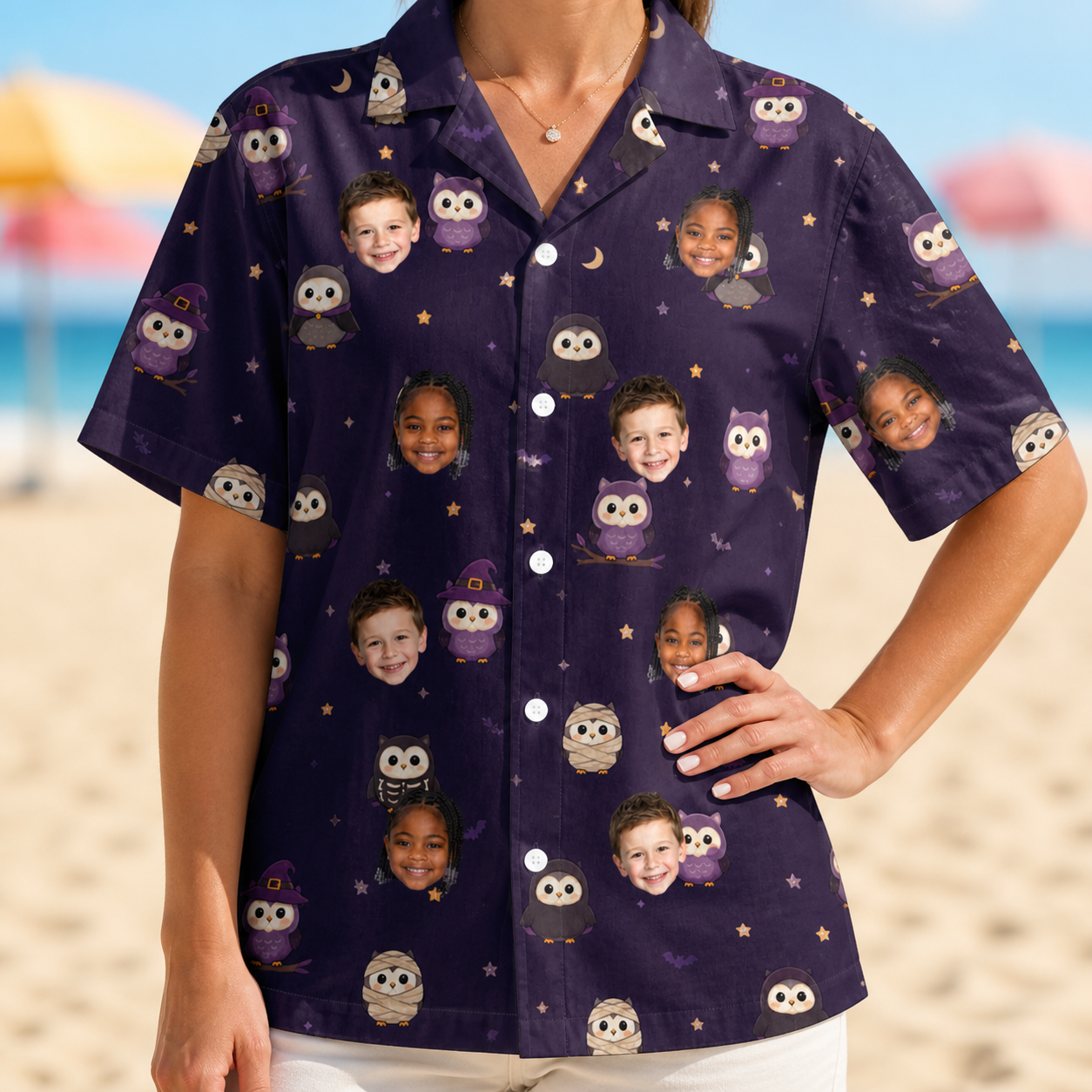 Model wearing Women's Feathered Frights Custom Face Hawaiian Shirt printed with kids' faces