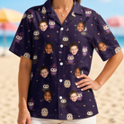 Model wearing Women's Feathered Frights Custom Face Hawaiian Shirt printed with kids' faces