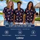 Friends in matching Women's Feathered Frights Custom Face Hawaiian Shirt — a group gift photo
