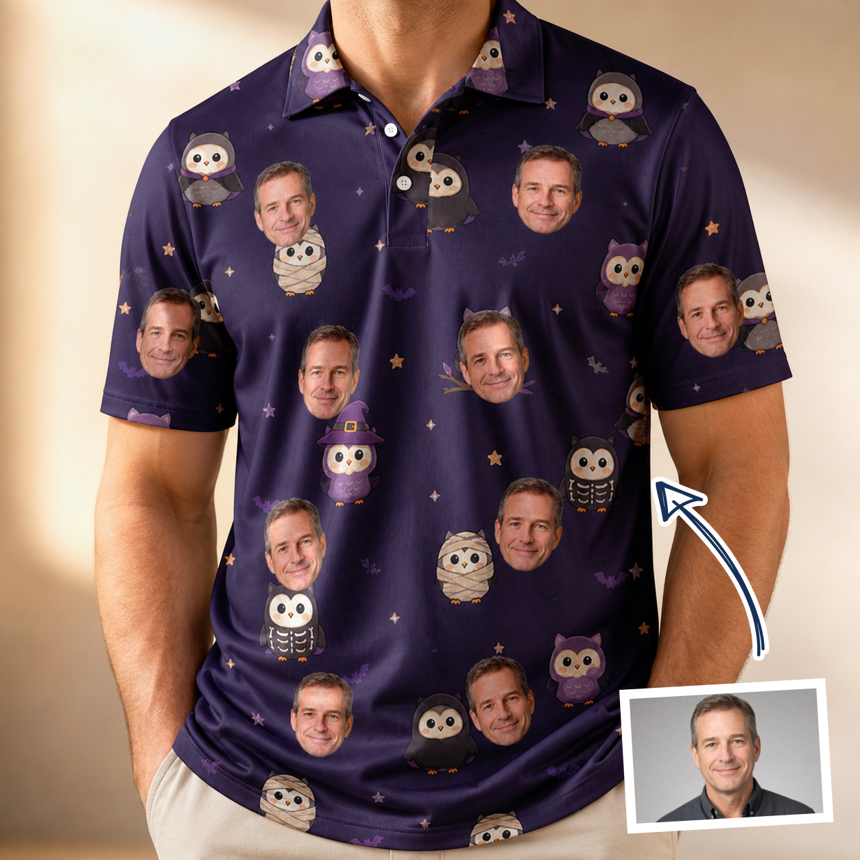 Man wearing Men's Feathered Frights Custom Face Polo Shirt — custom faces printed all-over