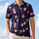 Model wearing Men's Feathered Frights Custom Face Polo Shirt printed with kids' faces