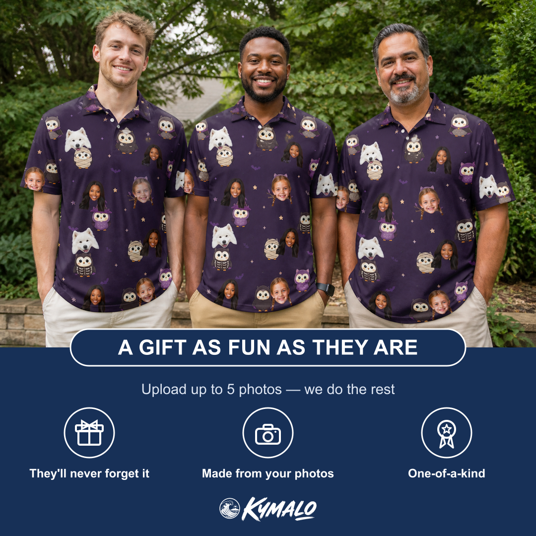 Friends in matching Men's Feathered Frights Custom Face Polo Shirt — a group gift photo