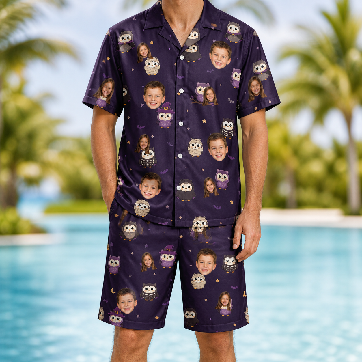 Model wearing Men's Feathered Frights Custom Face Shirt & Shorts Set printed with kids' faces