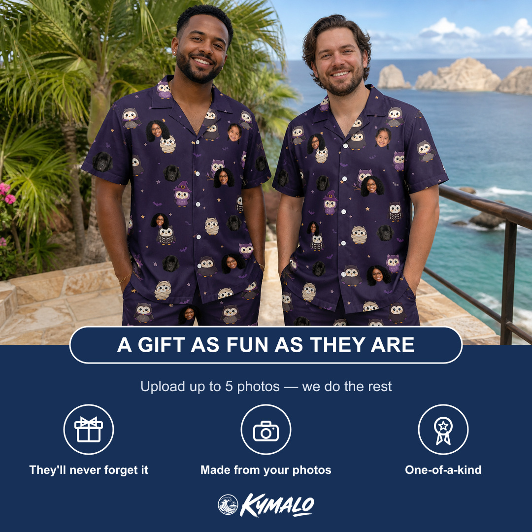 Friends in matching Men's Feathered Frights Custom Face Shirt & Shorts Set — a group gift photo
