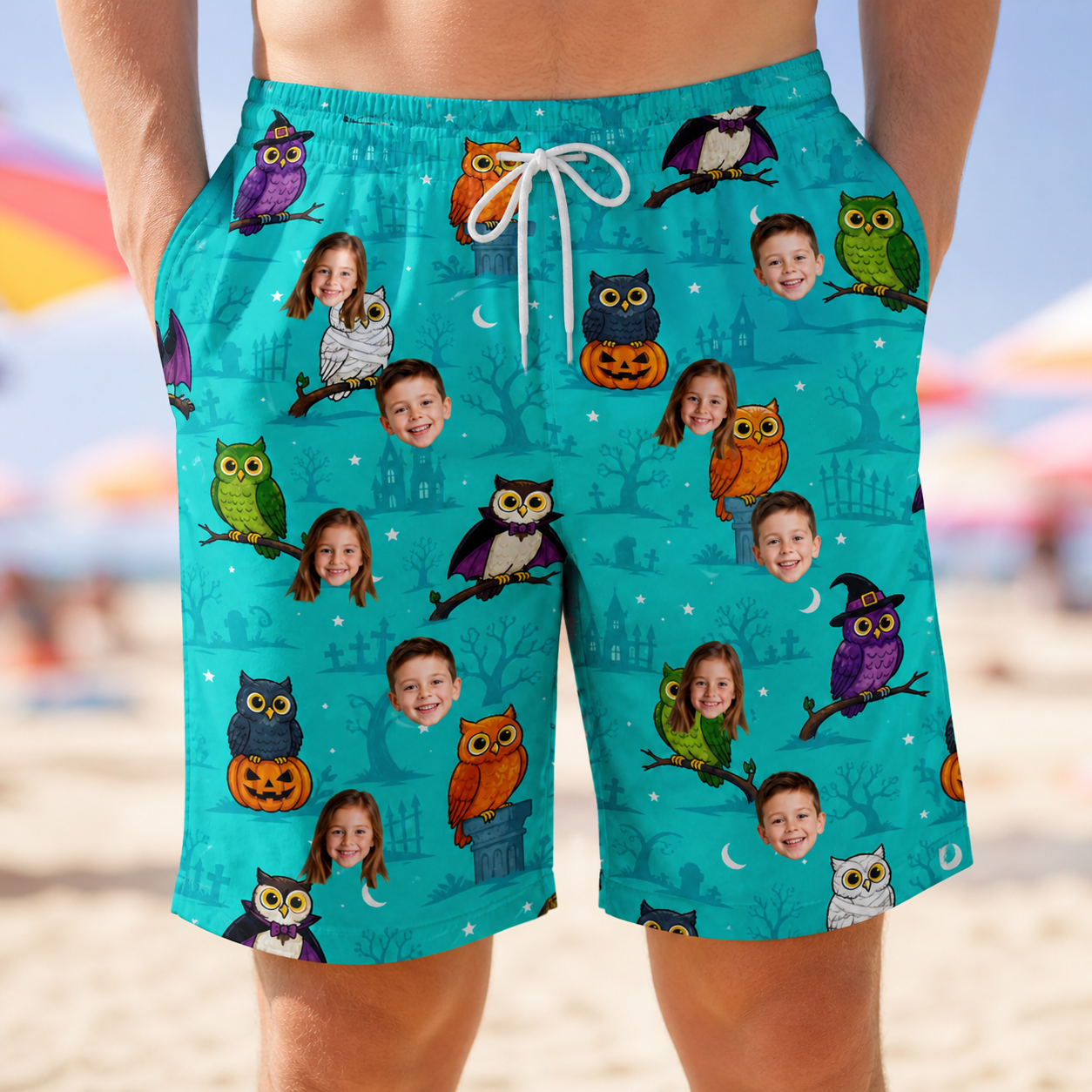 Model wearing Men's Nocturnal Nonsense Custom Face Beach Shorts printed with kids' faces