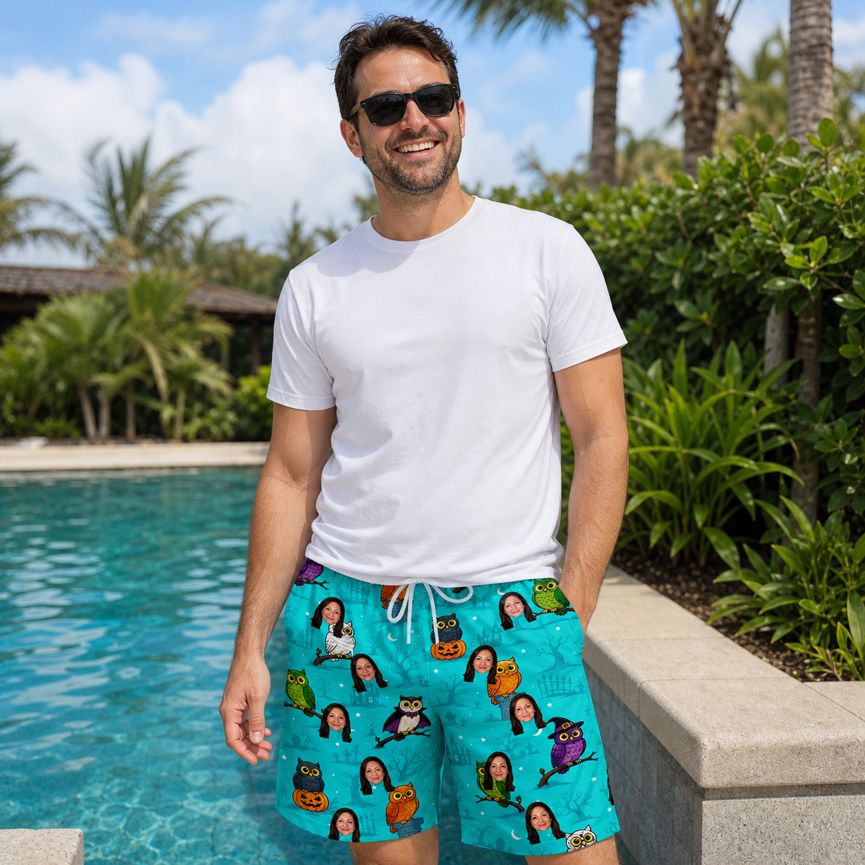 Real-life photo of someone wearing Men's Nocturnal Nonsense Custom Face Beach Shorts — custom faces printed all-over
