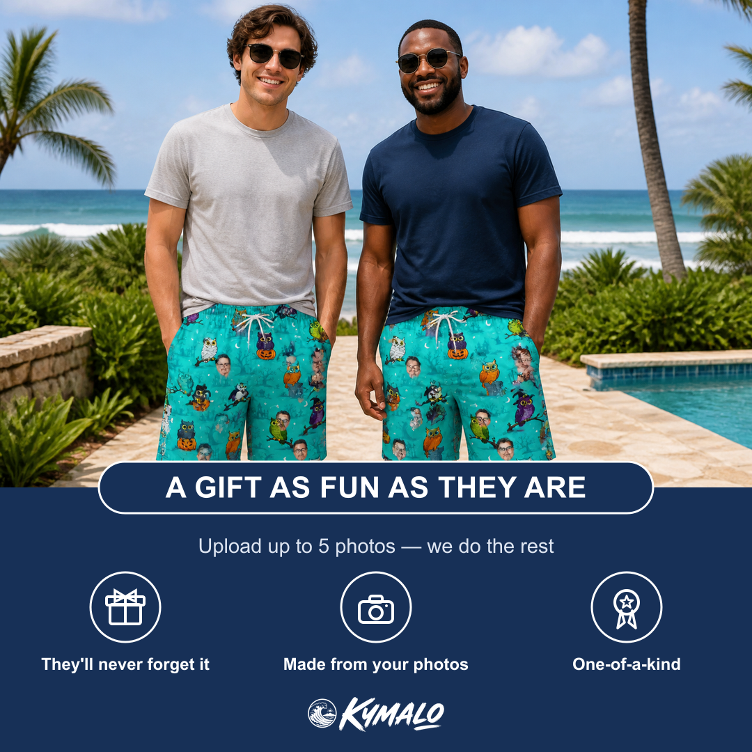 Friends in matching Men's Nocturnal Nonsense Custom Face Beach Shorts — a group gift photo