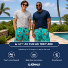 Friends in matching Men's Nocturnal Nonsense Custom Face Beach Shorts — a group gift photo