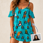 Woman wearing Women's Nocturnal Nonsense Custom Face Off-Shoulder Dress — custom faces printed all-over
