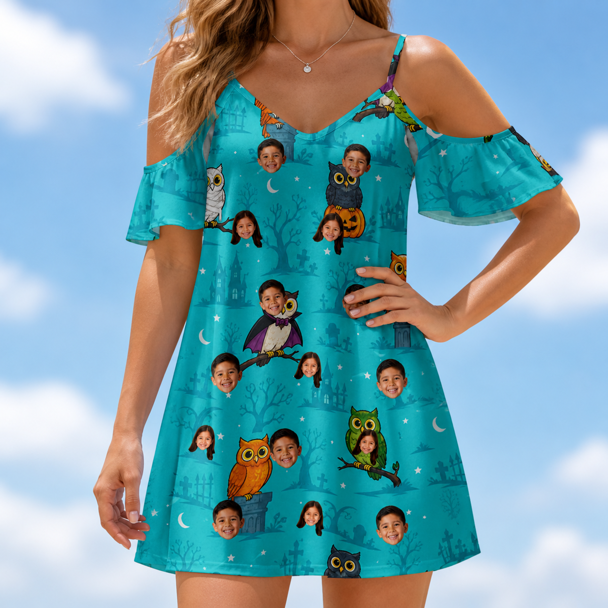 Model wearing Women's Nocturnal Nonsense Custom Face Off-Shoulder Dress printed with kids' faces