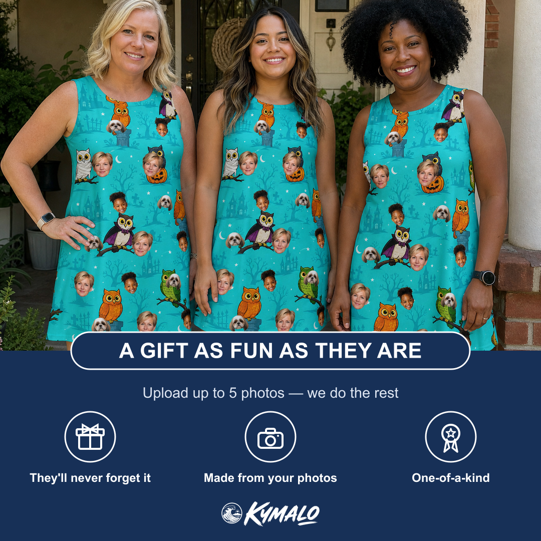 Friends in matching Women's Nocturnal Nonsense Custom Face Tank Dress — a group gift photo