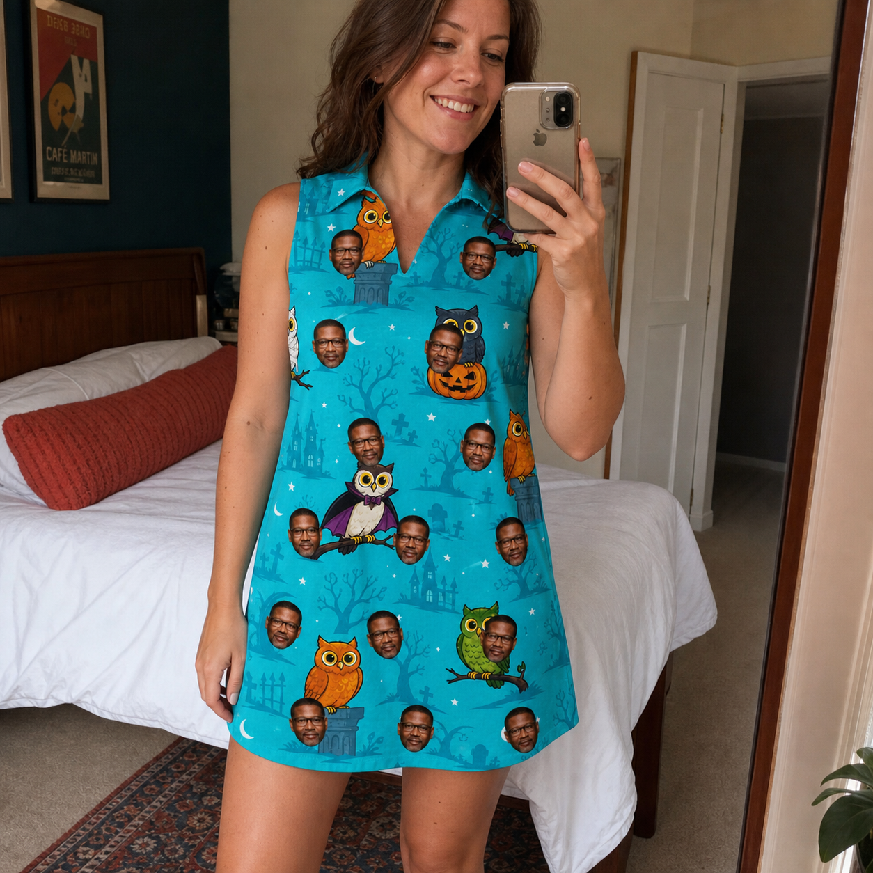 Real-life photo of someone wearing Women's Nocturnal Nonsense Custom Face V-Neck Dress — custom faces printed all-over