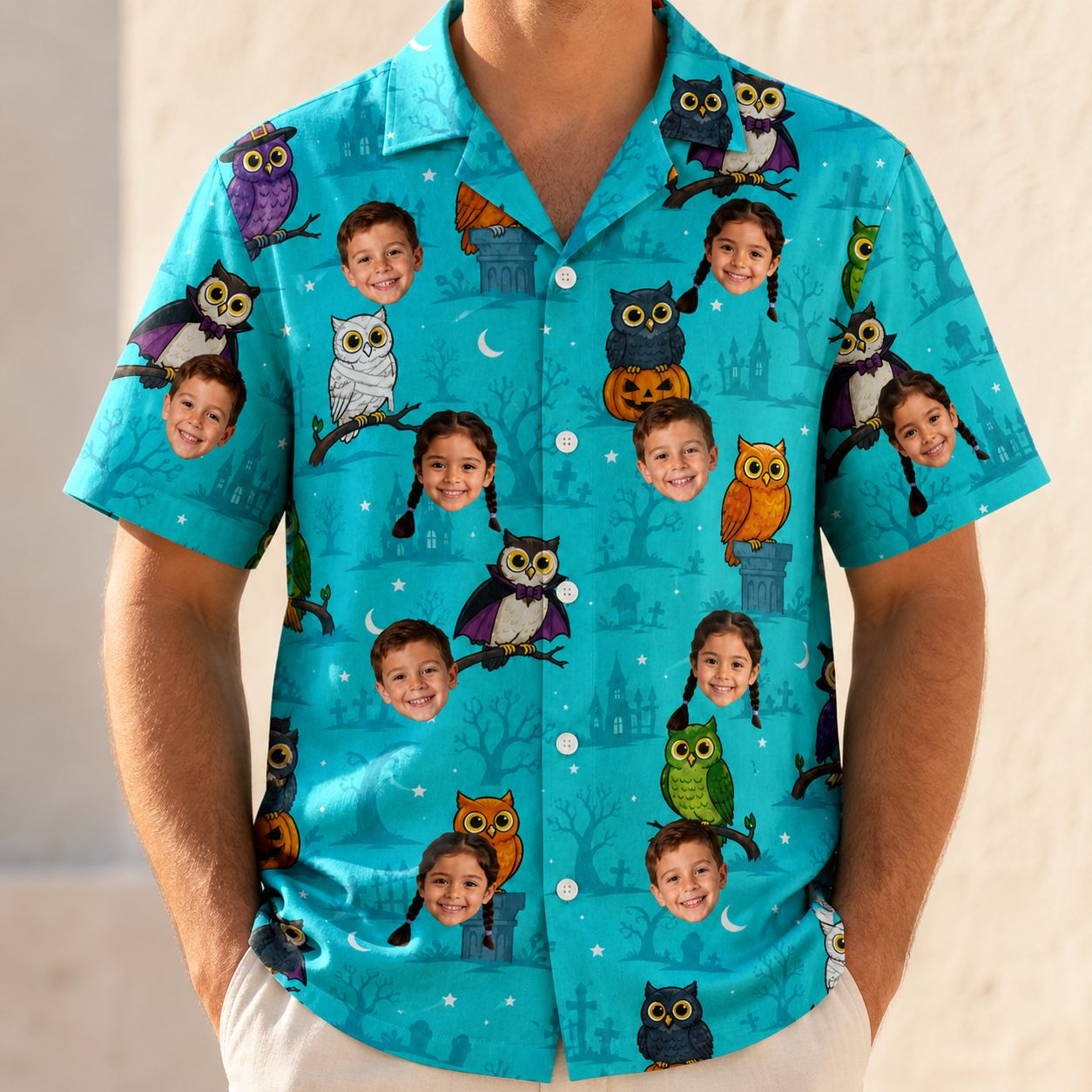 Model wearing Men's Nocturnal Nonsense Custom Face Hawaiian Shirt printed with kids' faces
