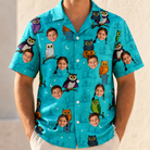 Model wearing Men's Nocturnal Nonsense Custom Face Hawaiian Shirt printed with kids' faces