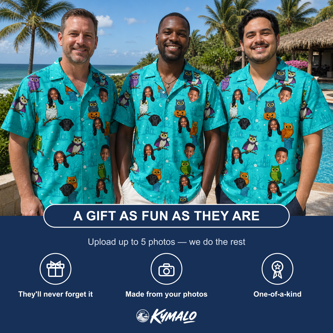 Friends in matching Men's Nocturnal Nonsense Custom Face Hawaiian Shirt — a group gift photo