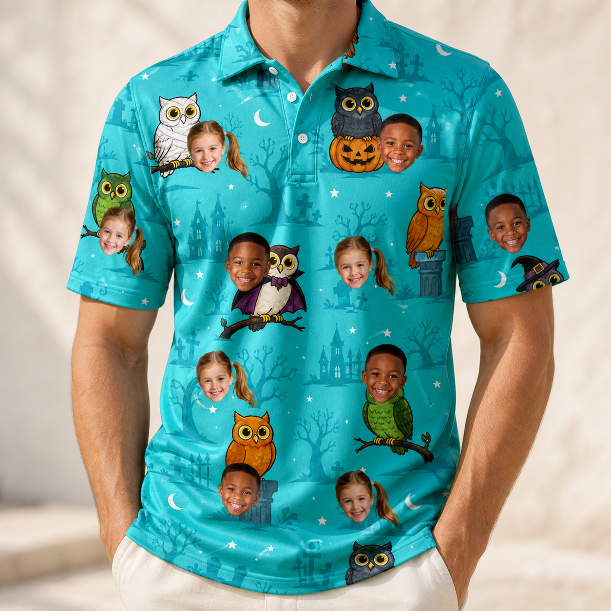 Model wearing Men's Nocturnal Nonsense Custom Face Polo Shirt printed with kids' faces