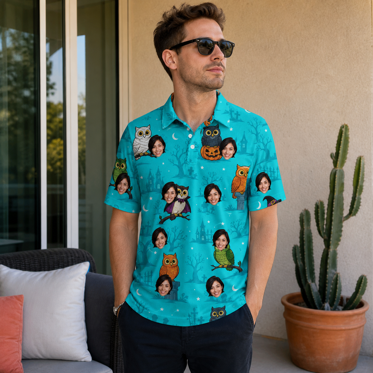 Real-life photo of someone wearing Men's Nocturnal Nonsense Custom Face Polo Shirt — custom faces printed all-over