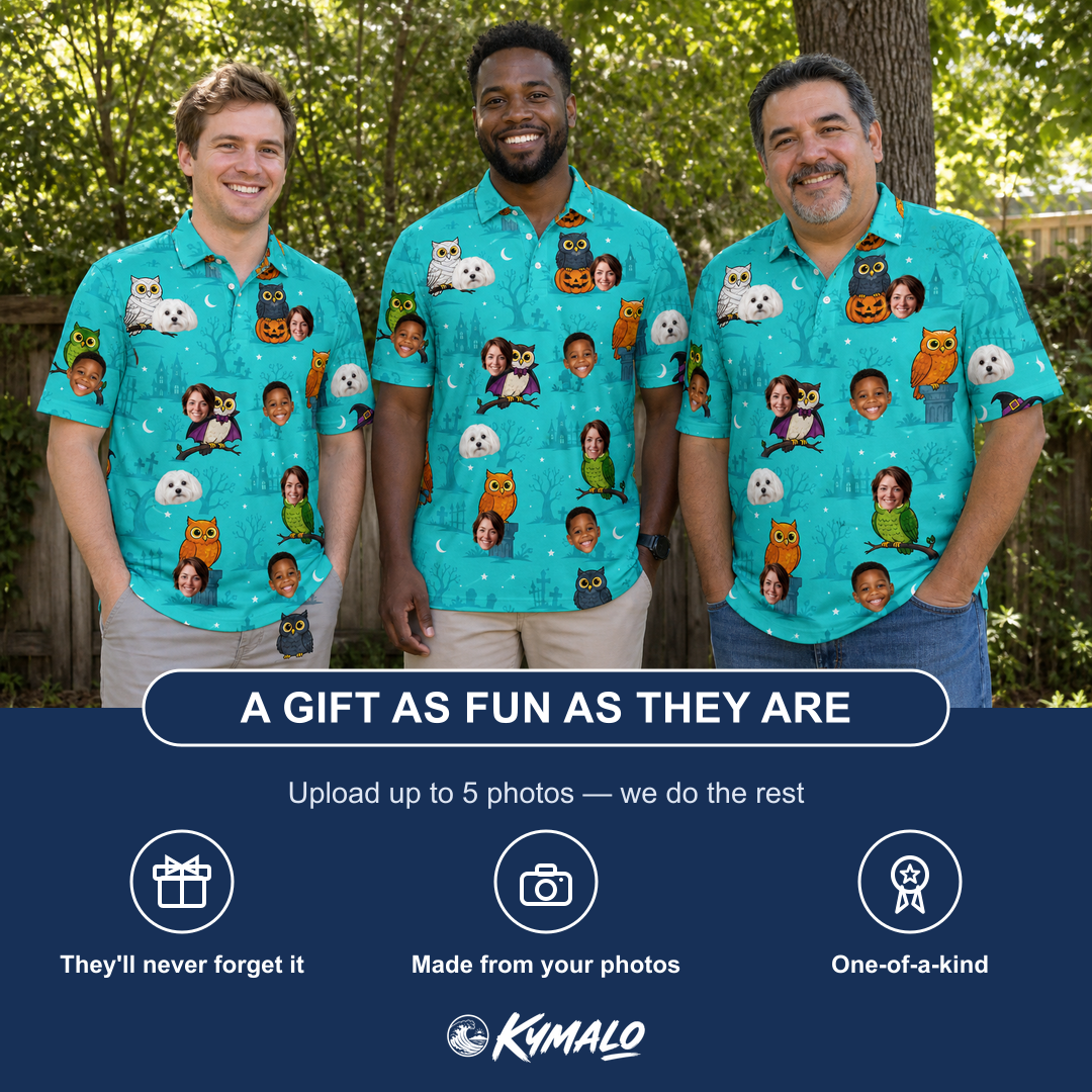 Friends in matching Men's Nocturnal Nonsense Custom Face Polo Shirt — a group gift photo