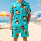 Model wearing Men's Nocturnal Nonsense Custom Face Shirt & Shorts Set printed with kids' faces