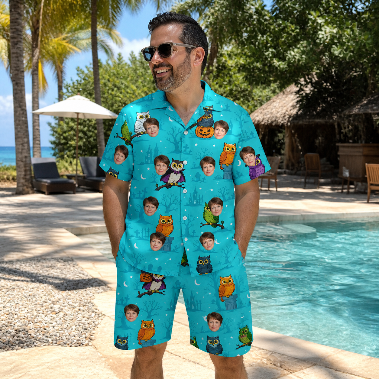 Real-life photo of someone wearing Men's Nocturnal Nonsense Custom Face Shirt & Shorts Set — custom faces printed all-over