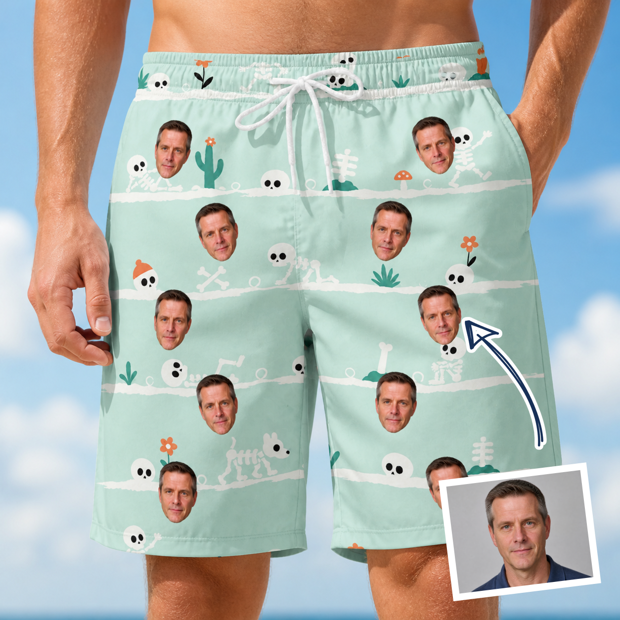 Man wearing Men's Phantom Phalanges Custom Face Beach Shorts — custom faces printed all-over