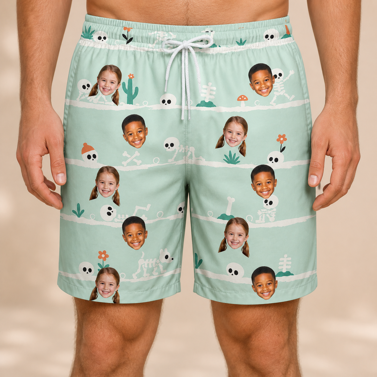 Model wearing Men's Phantom Phalanges Custom Face Beach Shorts printed with kids' faces