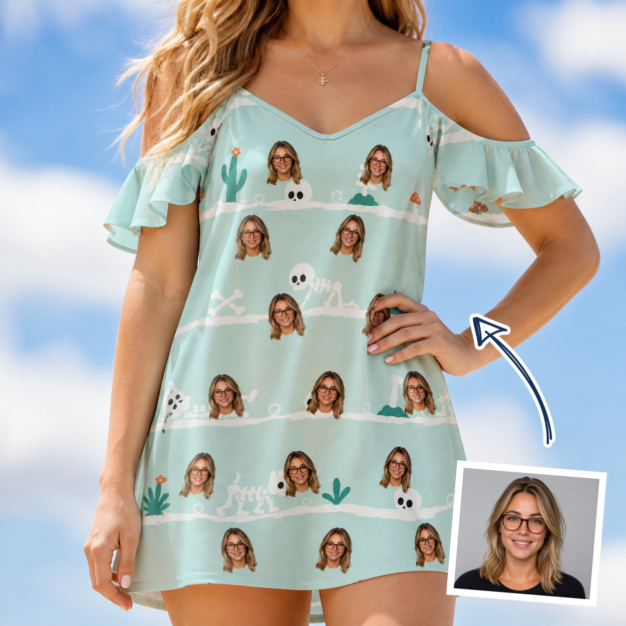 Woman wearing Women's Phantom Phalanges Custom Face Off-Shoulder Dress — custom faces printed all-over