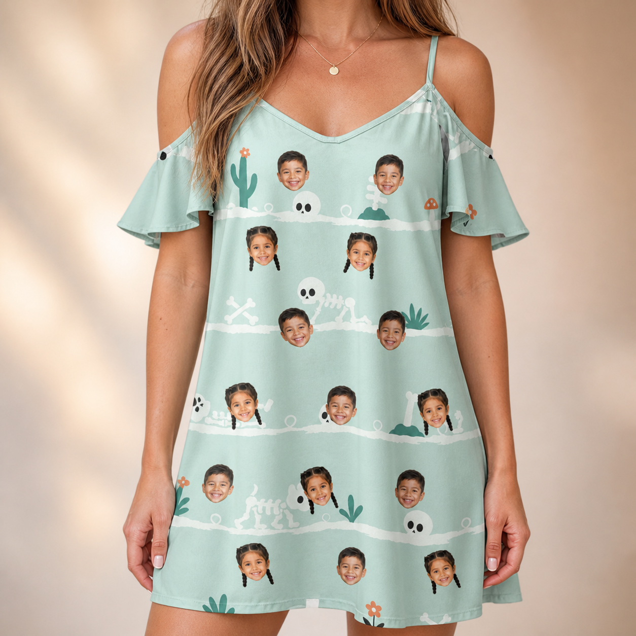 Model wearing Women's Phantom Phalanges Custom Face Off-Shoulder Dress printed with kids' faces