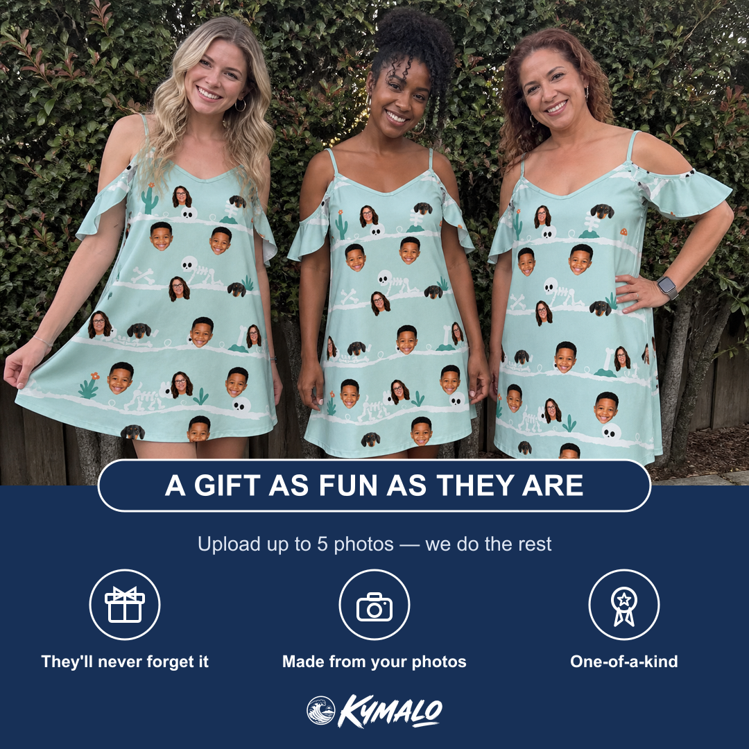 Friends in matching Women's Phantom Phalanges Custom Face Off-Shoulder Dress — a group gift photo