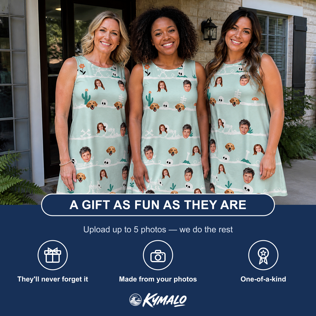 Friends in matching Women's Phantom Phalanges Custom Face Tank Dress — a group gift photo