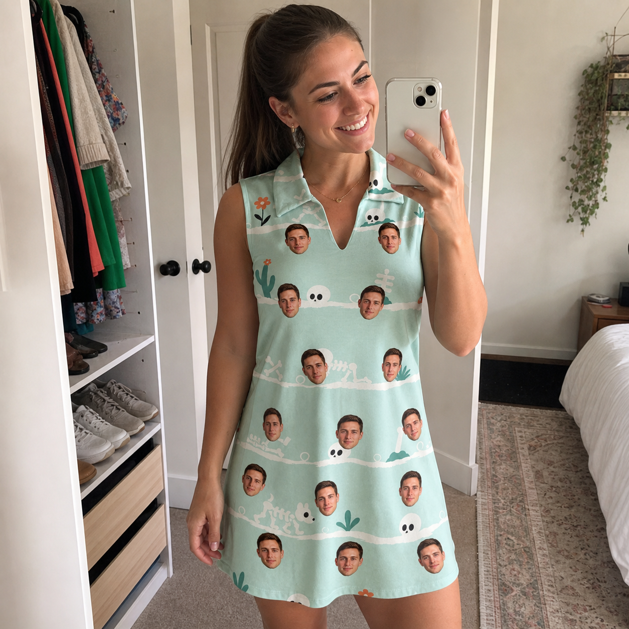 Real-life photo of someone wearing Women's Phantom Phalanges Custom Face V-Neck Dress — custom faces printed all-over