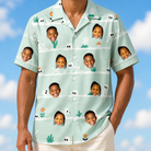 Model wearing Men's Phantom Phalanges Custom Face Hawaiian Shirt printed with kids' faces