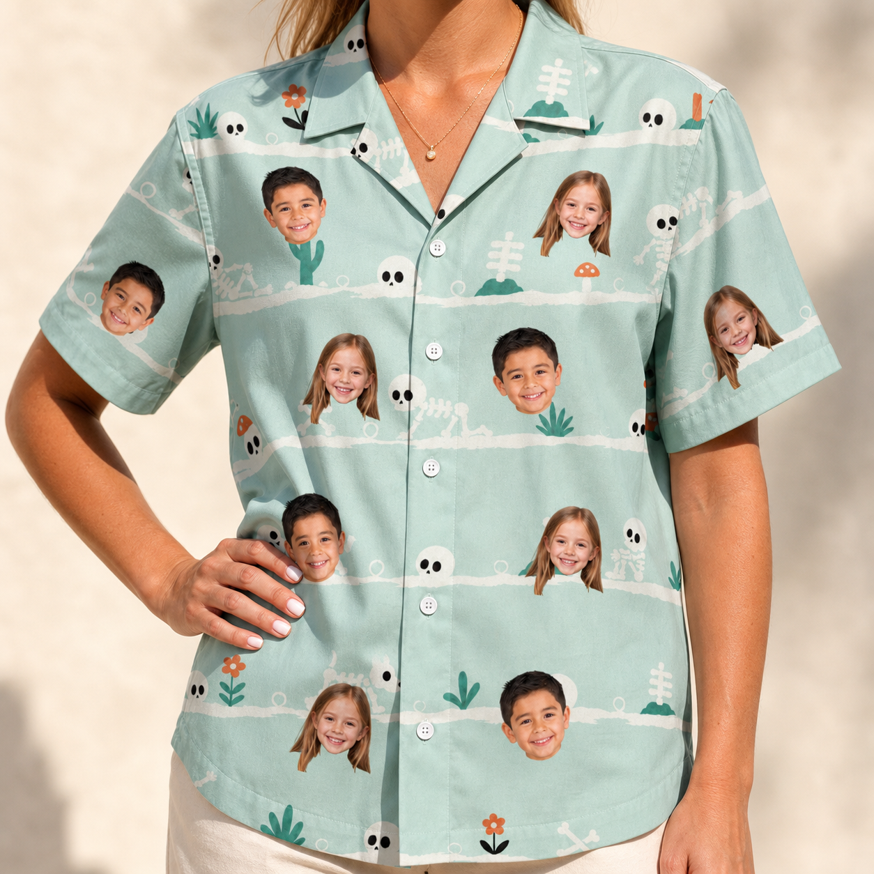 Model wearing Women's Phantom Phalanges Custom Face Hawaiian Shirt printed with kids' faces