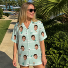 Real-life photo of someone wearing Women's Phantom Phalanges Custom Face Hawaiian Shirt — custom faces printed all-over